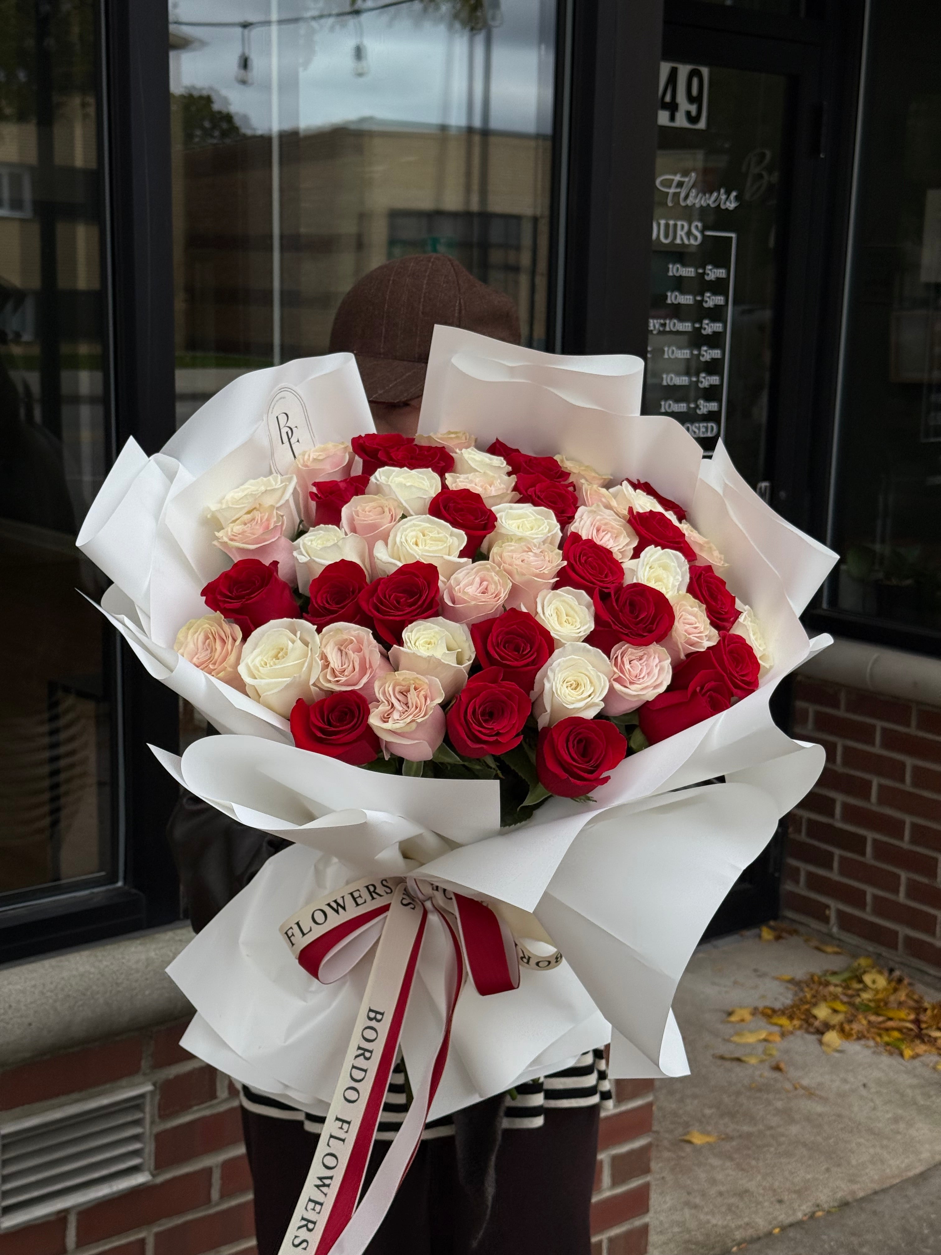 “50 colored roses in a bouquet”