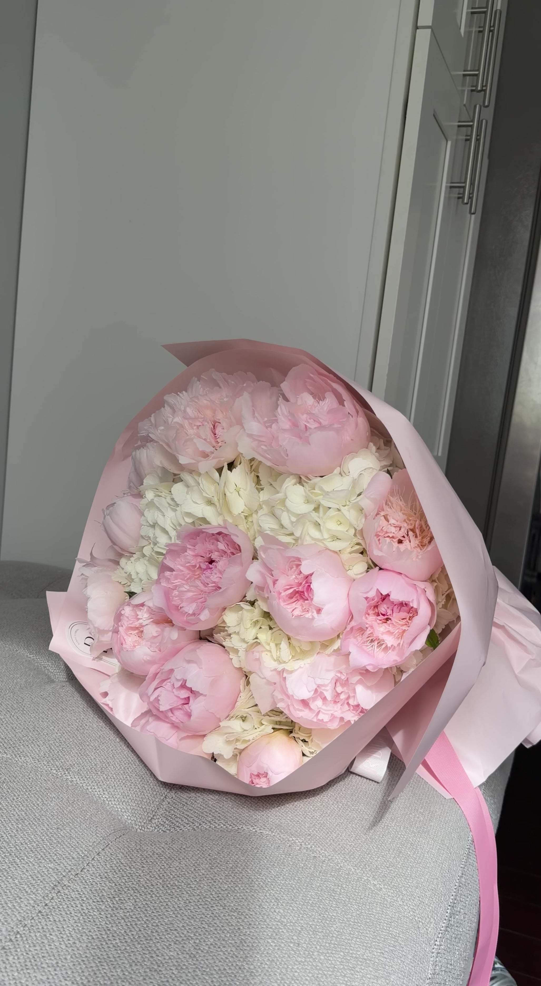 “Pillow Talk” bouquet with same-day Chicago delivery. Romantic hydrangea and peony arrangement in soft blush tones.