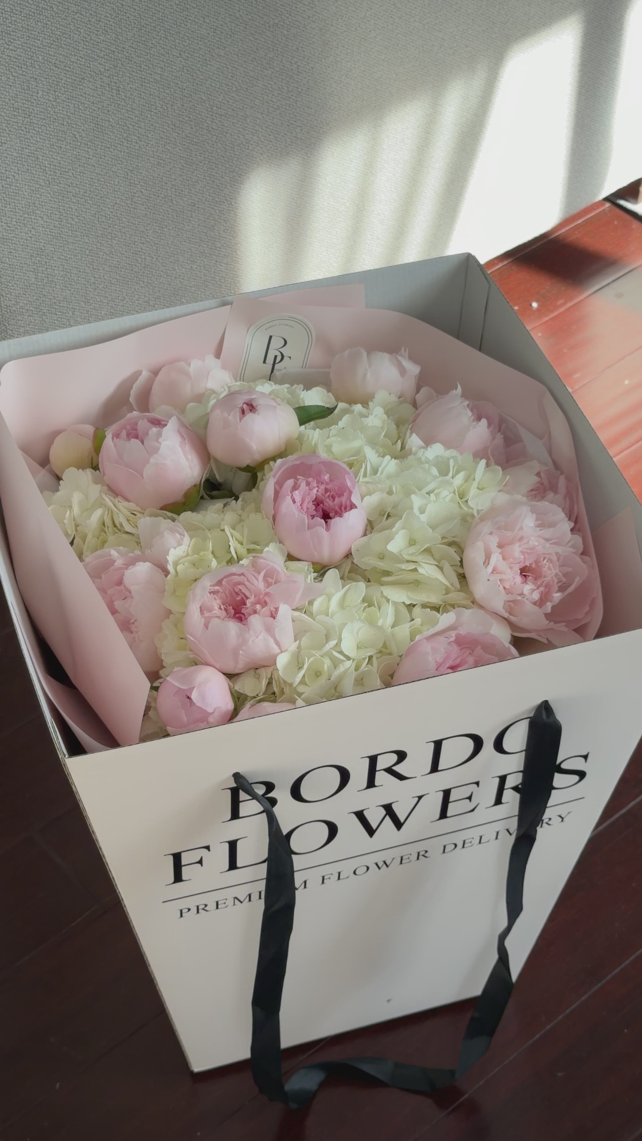 “Pillow Talk” bouquet with same-day Chicago delivery. Romantic hydrangea and peony arrangement in soft blush tones.